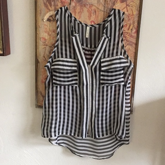 LF Y2K SHEER TOP BLACK WHITE STRIPED CAREER BLOUSE TOP M - Picture 1 of 12